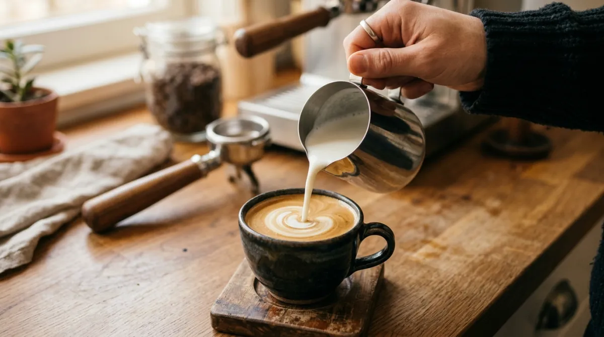 Steamed milk being poured into a double shot of espresso to make a flat white