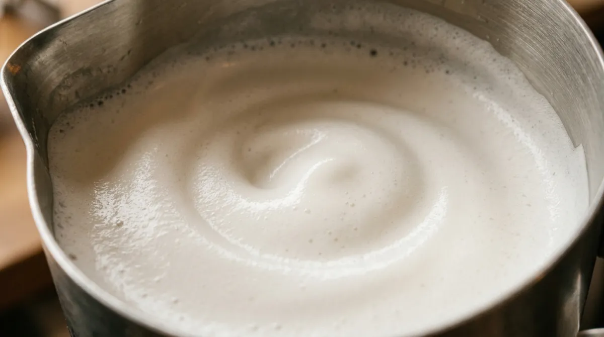 Close-up of glossy silky microfoam with a paint-like sheen in a milk pitcher