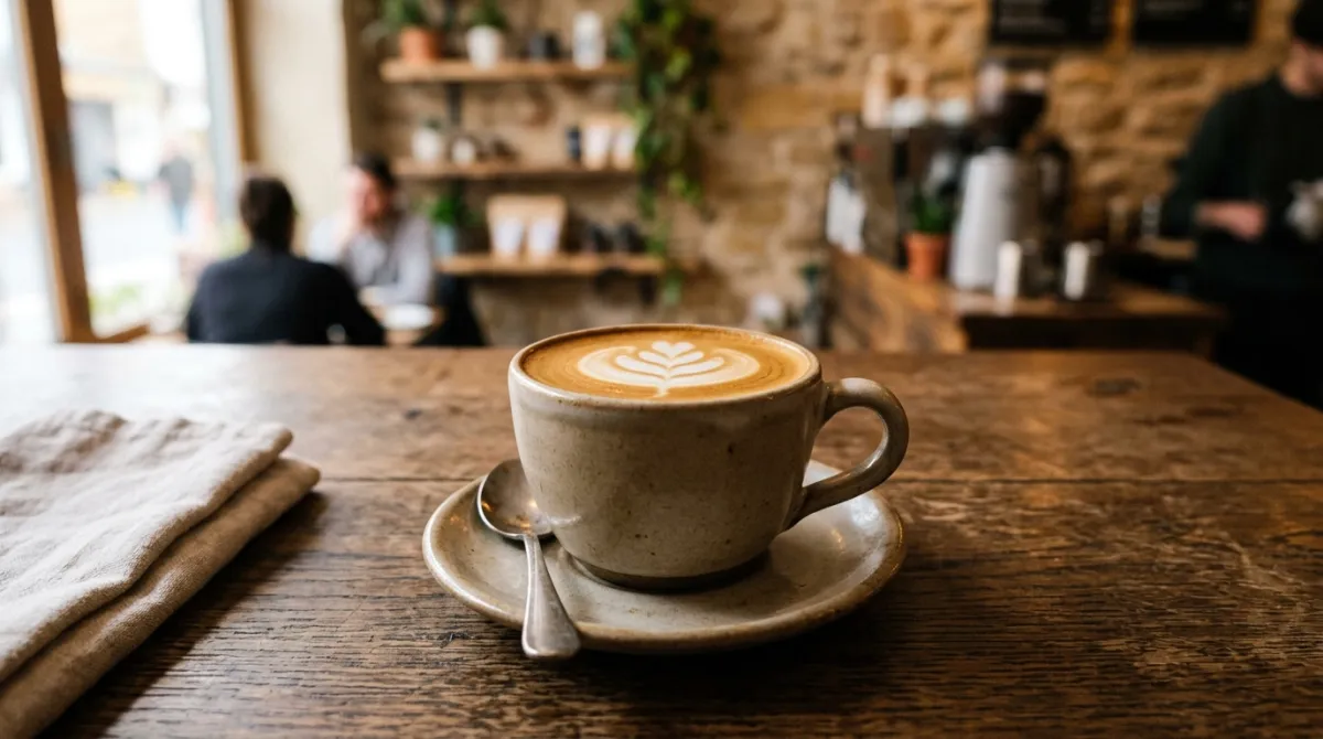 A flat white in a small ceramic cup with a glossy white microfoam surface and faint latte art.