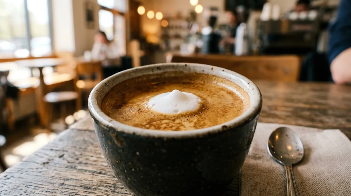 Close-up of an espresso shot marked with a small dollop of milk foam