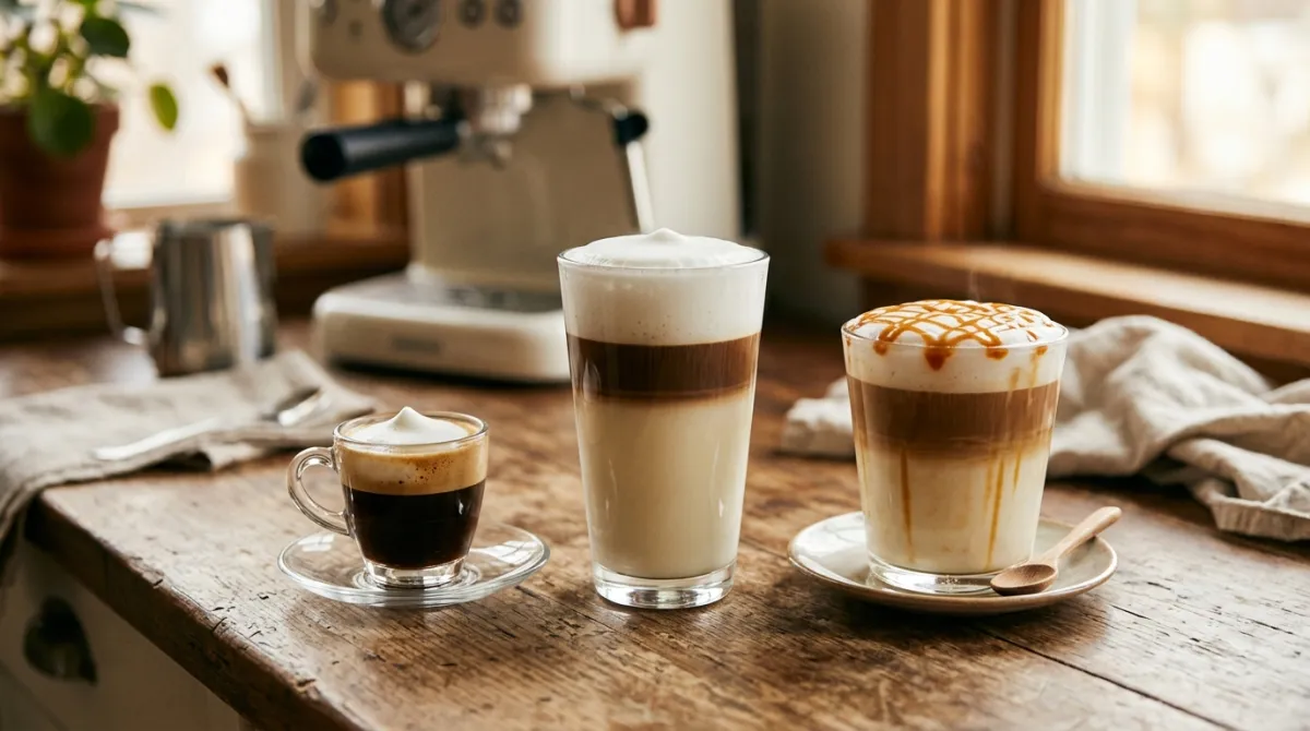 An espresso macchiato, a latte macchiato and a caramel macchiato side by side