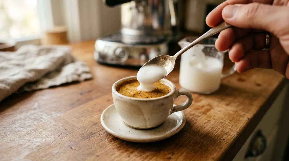 Spooning a dollop of milk foam onto a shot of espresso