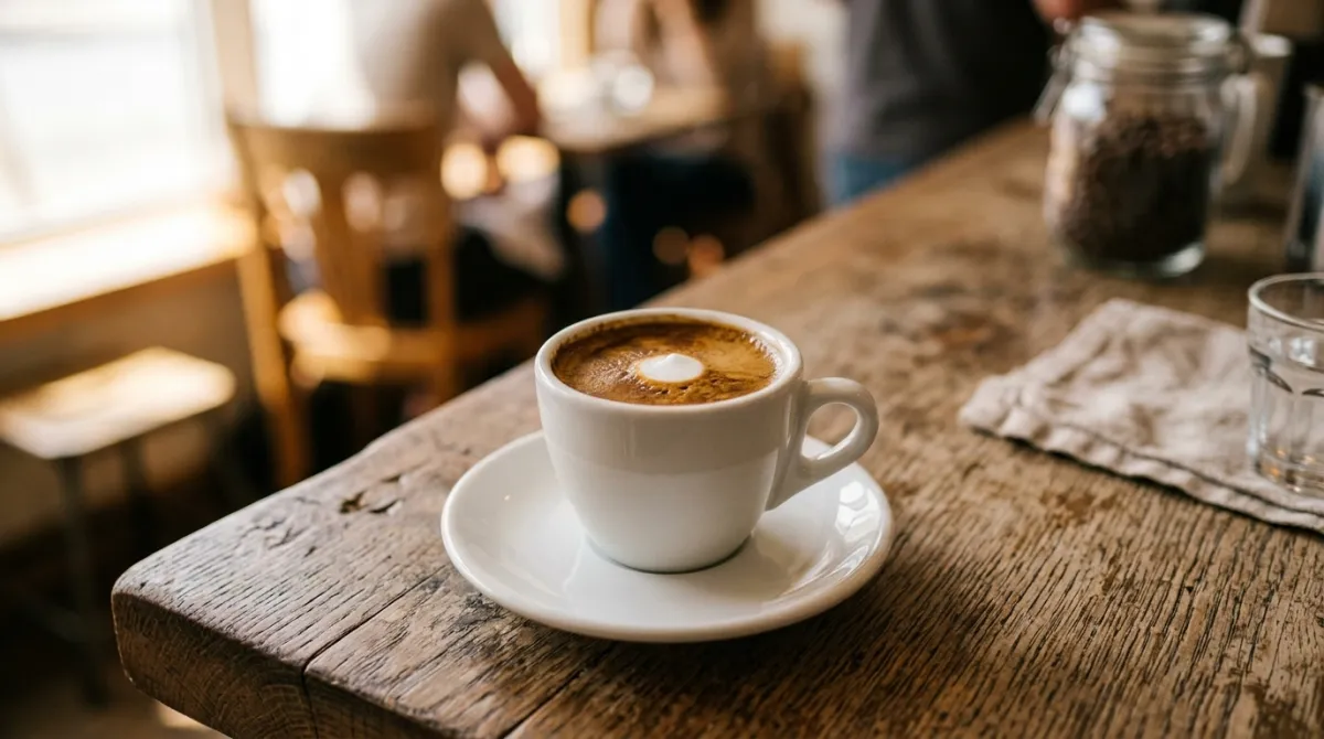 A small espresso macchiato in a clear glass with a single dollop of white milk foam on dark crema.