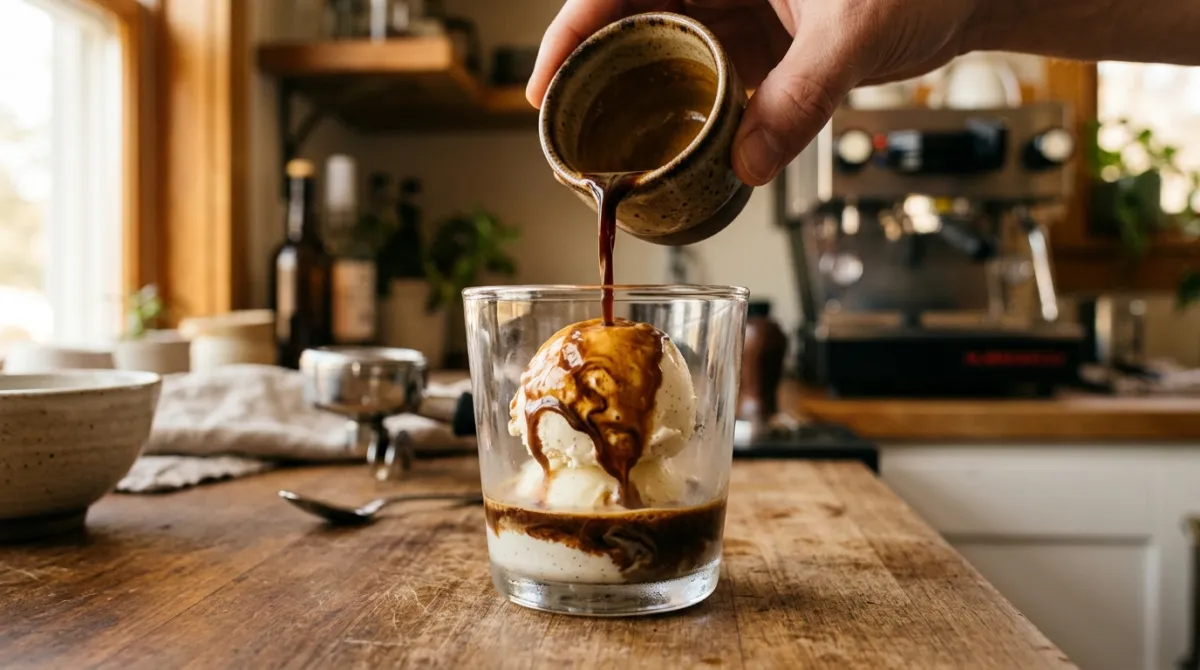 Pouring espresso over a scoop of vanilla ice cream in a glass