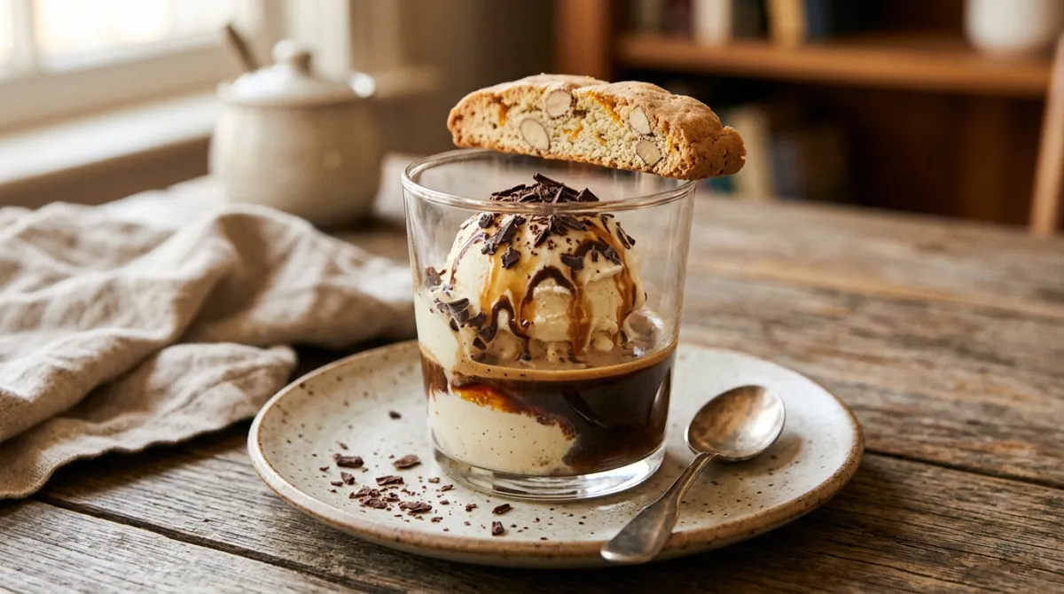 An affogato topped with a splash of liqueur and biscotti
