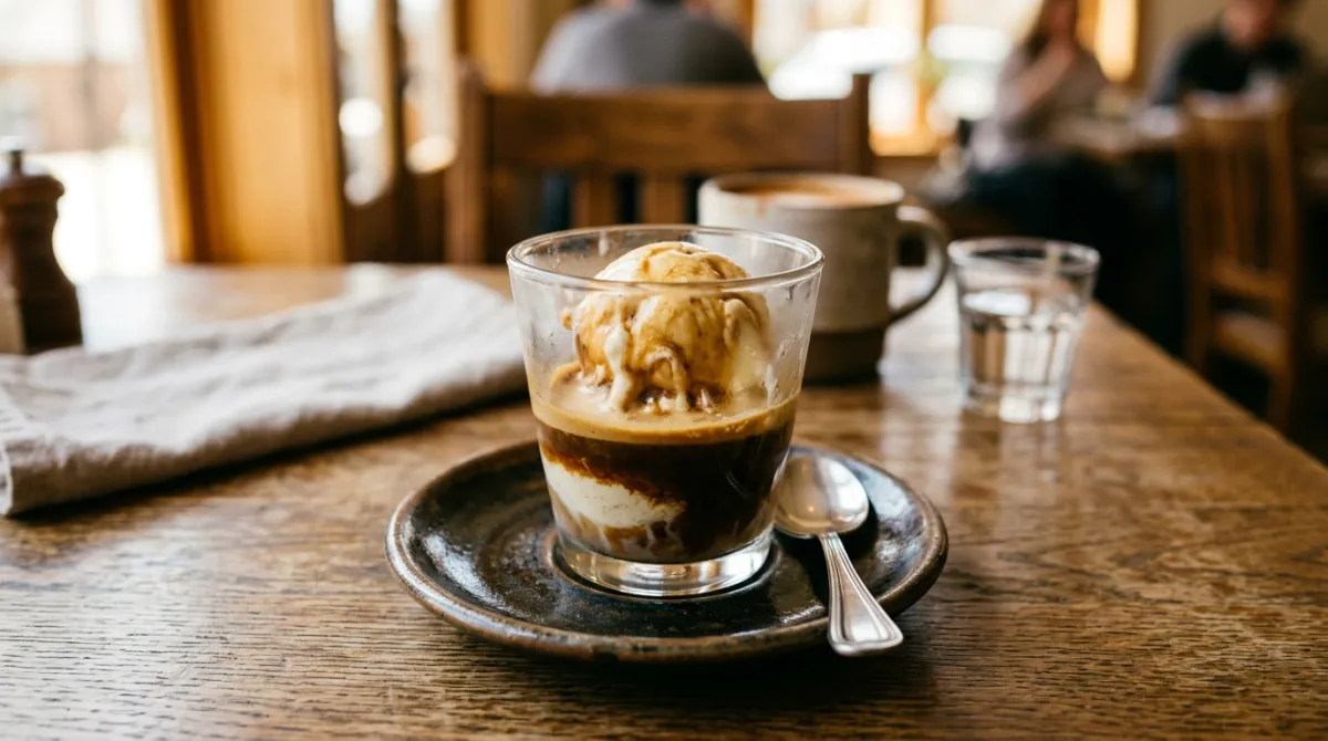 An affogato served in a glass with a spoon on a saucer