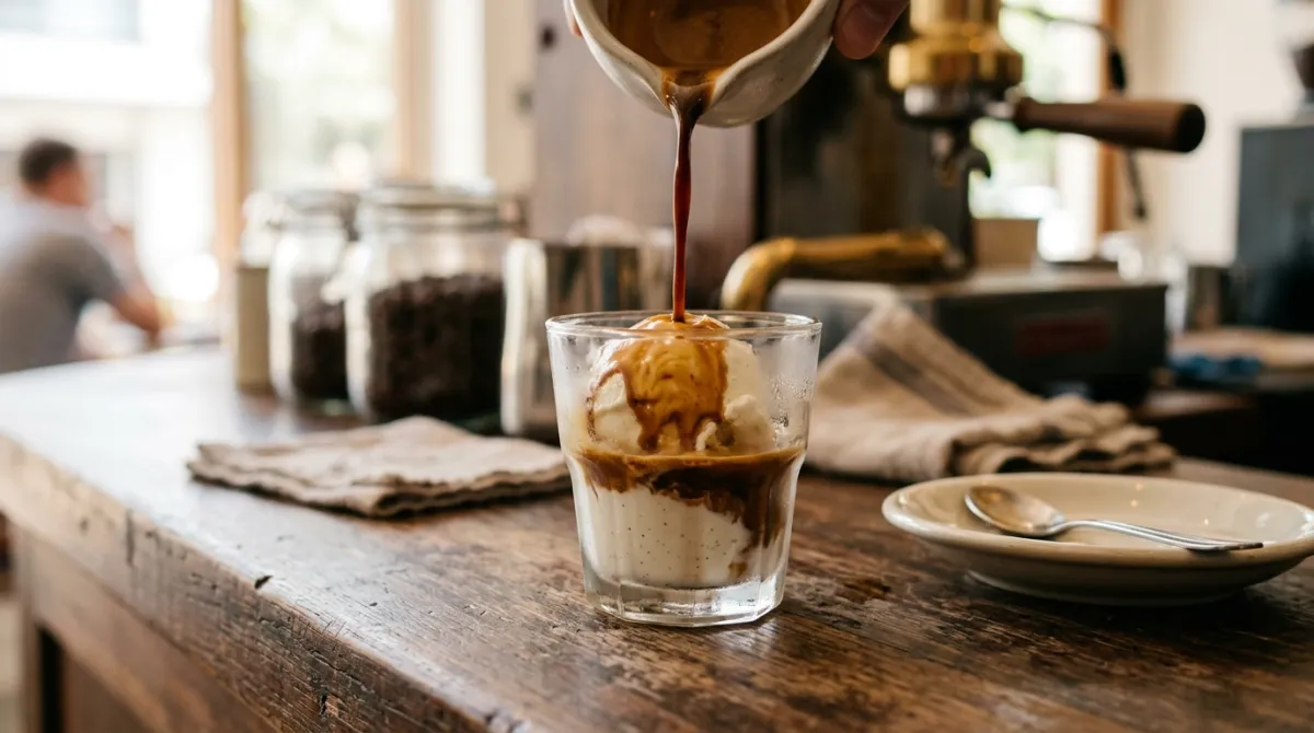 A glass cup of vanilla gelato with a hot espresso shot being poured over it on a wooden table.