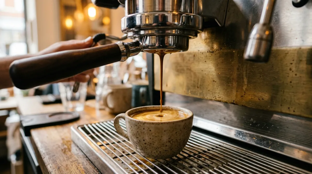 Espresso extracting from a portafilter with crema forming