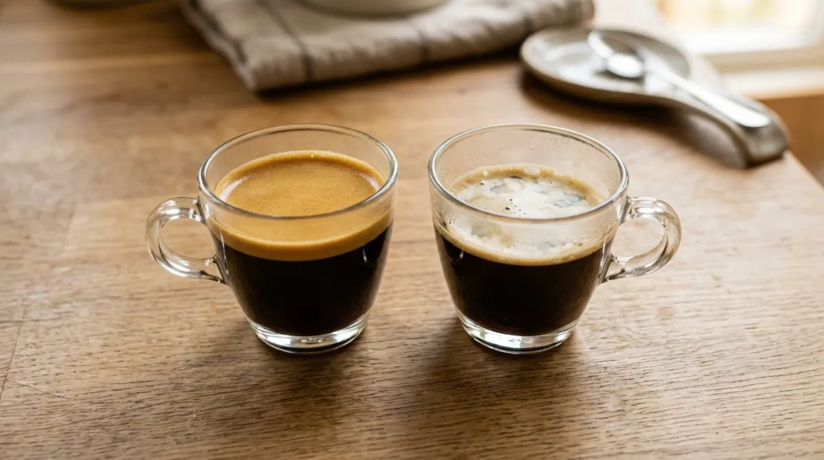 Two espresso shots side by side, one thick crema and one thin pale crema