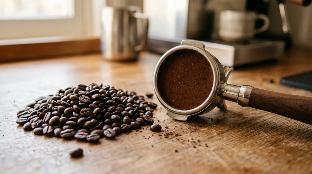 Fresh coffee beans beside a loaded portafilter
