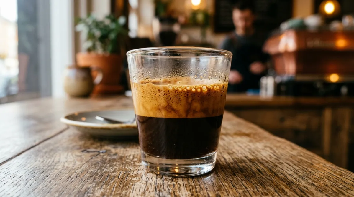 A freshly pulled espresso shot in a white cup topped with a thick layer of golden-brown crema.