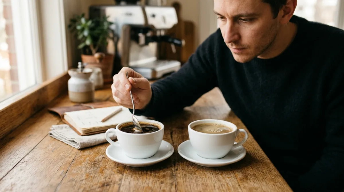 Two cups of coffee side by side being compared by taste