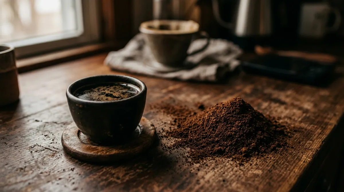 Dark over-extracted coffee with very fine grounds
