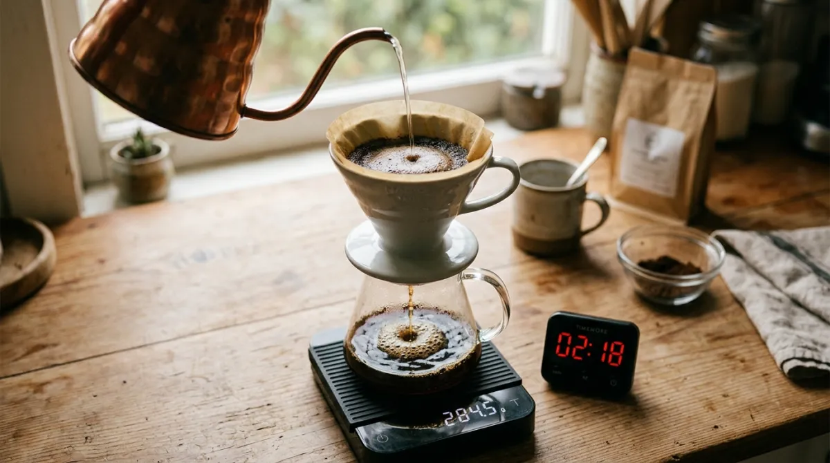 A coffee brewing on a scale with a timer, mid extraction