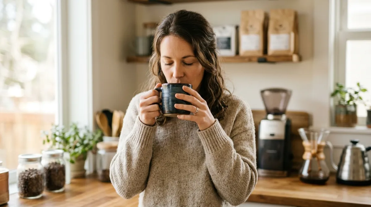 A person tasting a cup of coffee with a thoughtful expression in a kitchen